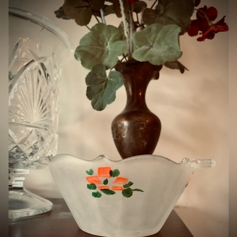 VINTAGE LANCASTER GLASS BOWL FROSTED SATIN PAINTED PINK FLOWERS
